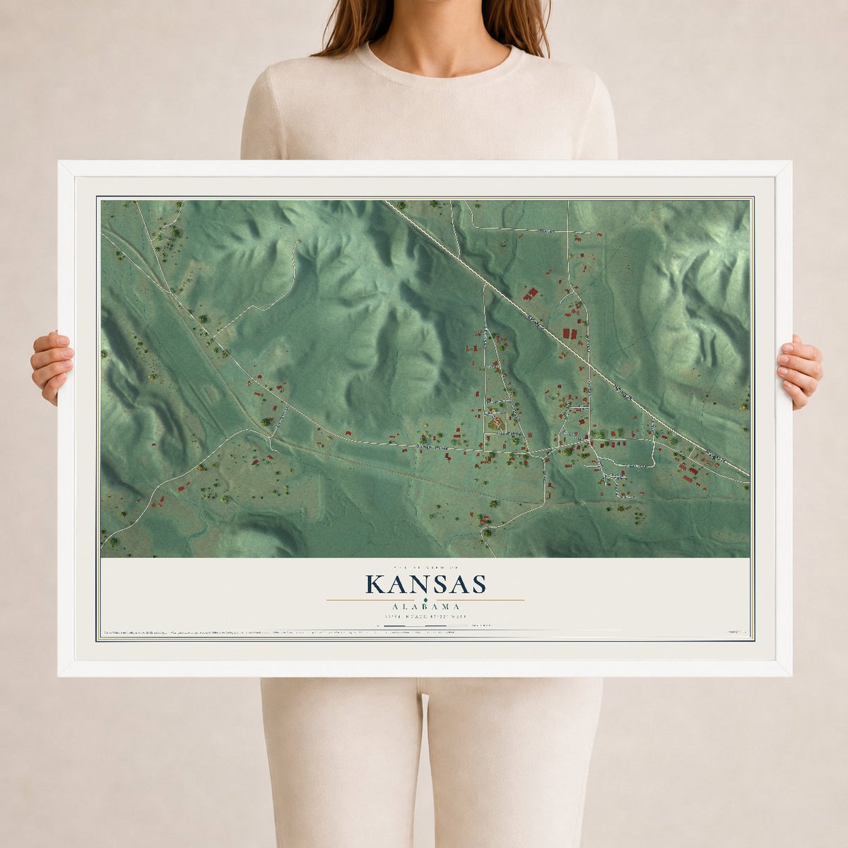 Map of Kansas, Alabama, 24 x 36 inch print in a white wood frame