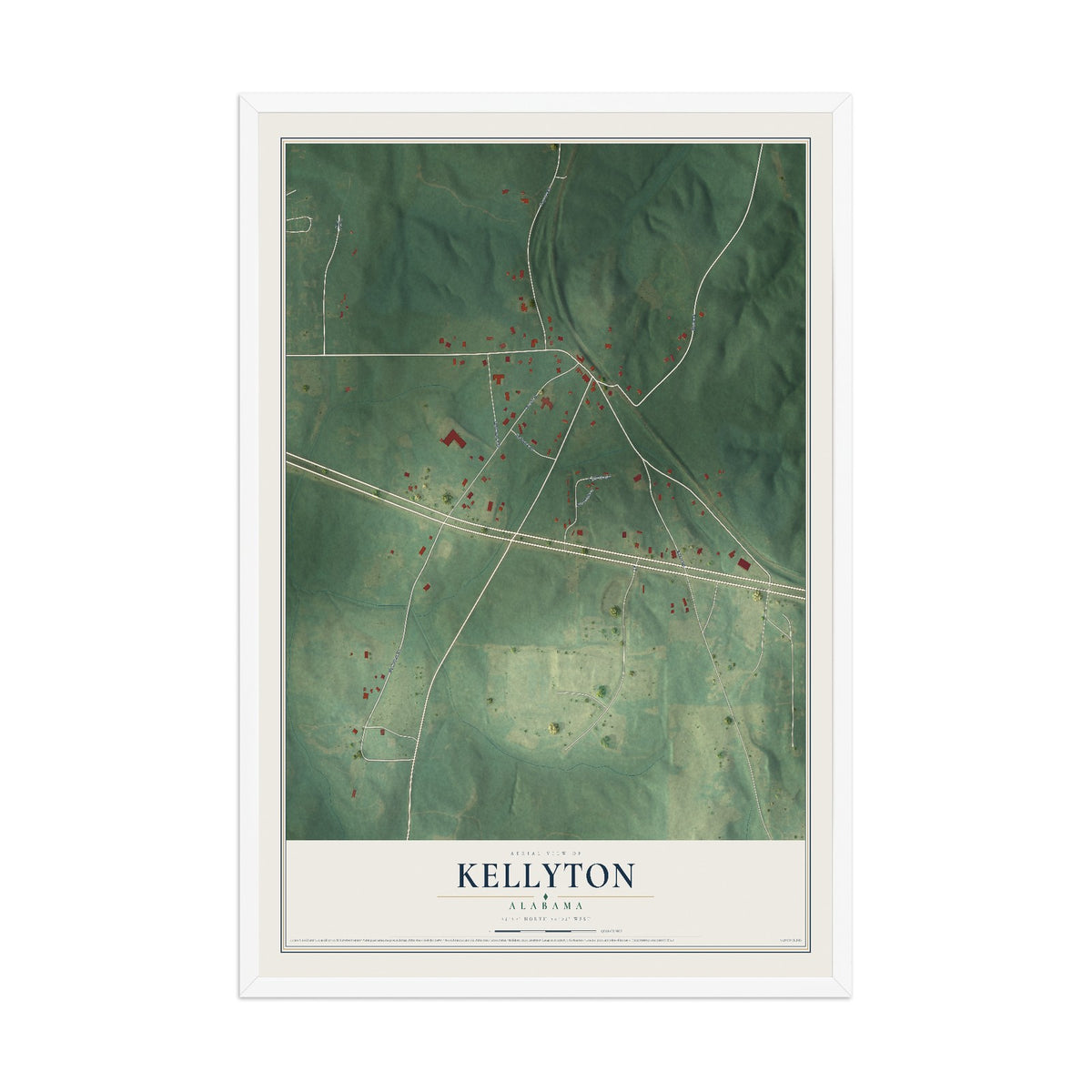 Map of Kellyton, Alabama, 12 x 18 inch print in a white wood frame