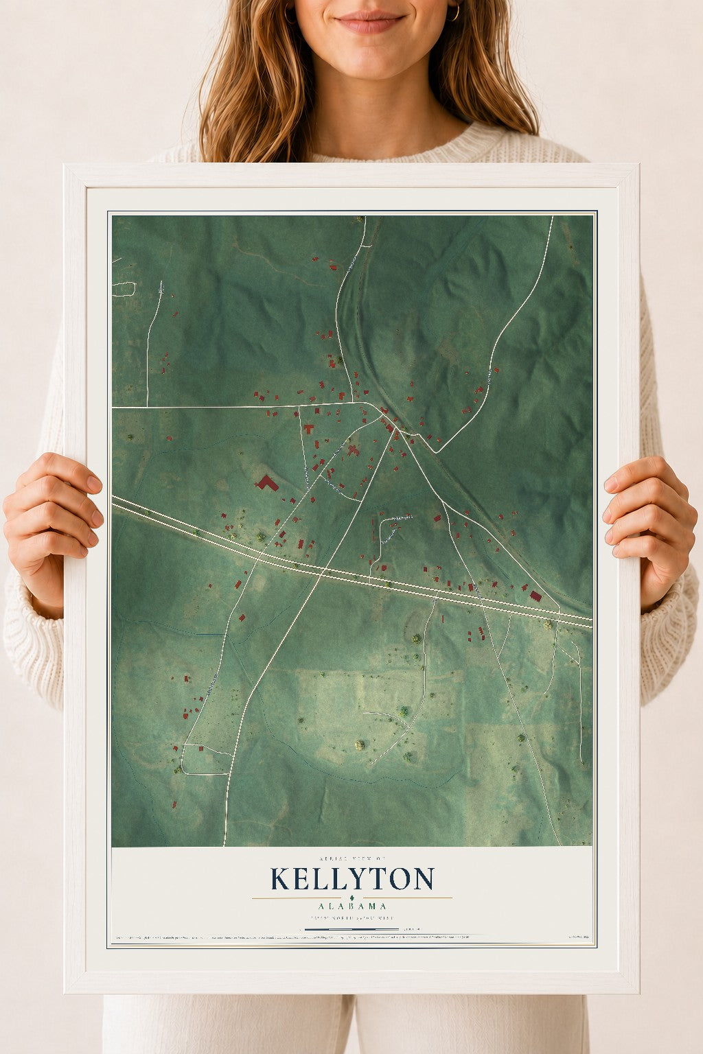 Map of Kellyton, Alabama, 18 x 24 inch print in a white wood frame