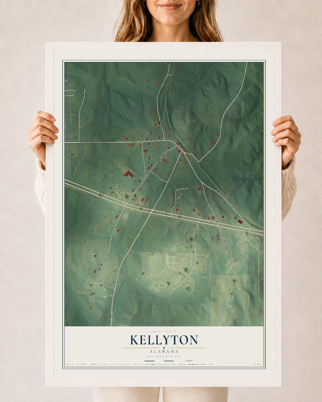 Map of Kellyton, Alabama, 24 x 36 inch print in a white wood frame