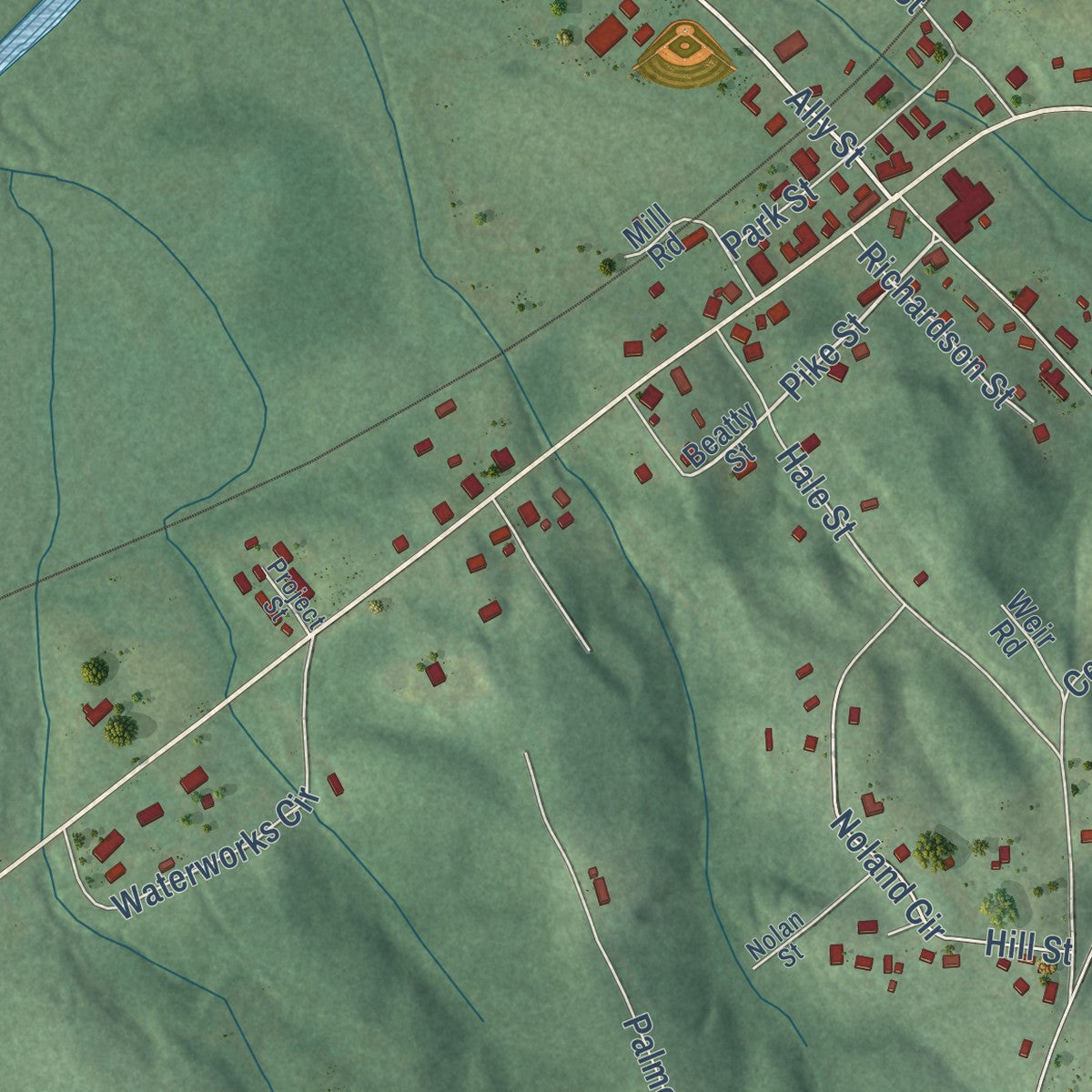 Close-up of the map of Kennedy, Alabama print showing street and building detail
