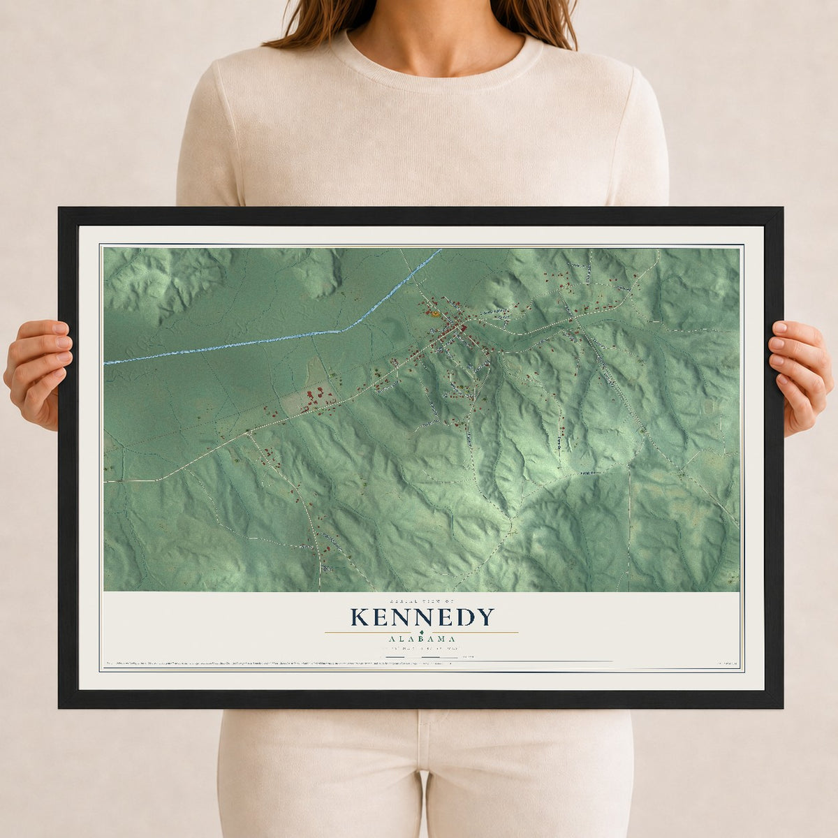 Map of Kennedy, Alabama, 12 x 18 inch print in a black wood frame