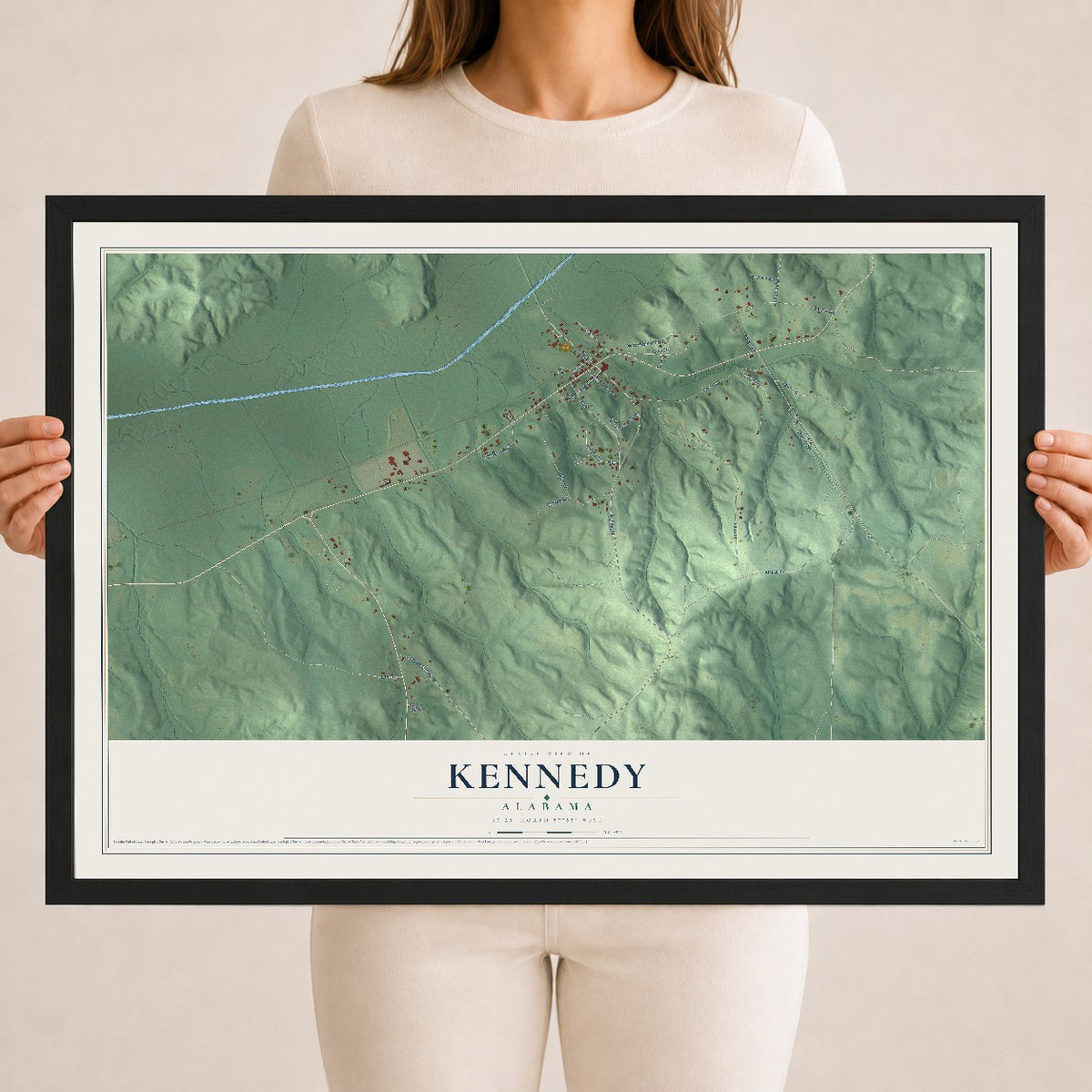 Map of Kennedy, Alabama, 18 x 24 inch print in a black wood frame