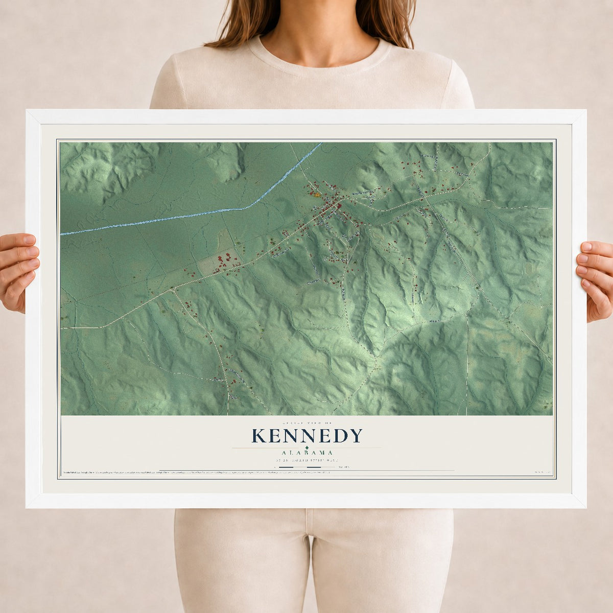 Map of Kennedy, Alabama, 18 x 24 inch print in a white wood frame