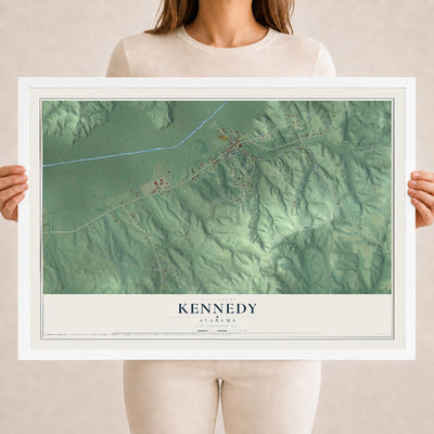 Map of Kennedy, Alabama, 18 x 24 inch print in a white wood frame