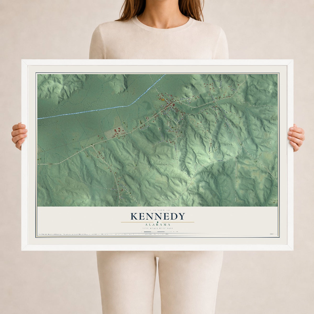 Map of Kennedy, Alabama, 24 x 36 inch print in a white wood frame