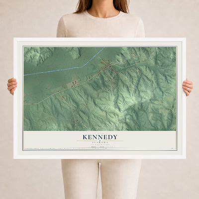 Map of Kennedy, Alabama, 24 x 36 inch print in a white wood frame