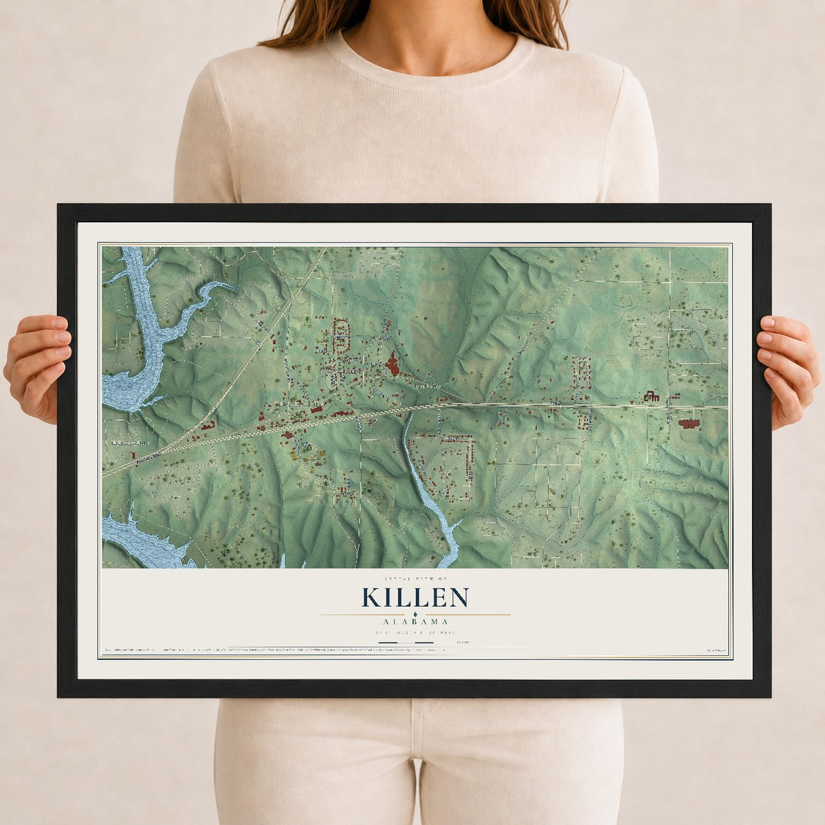 Map of Killen, Alabama, 12 x 18 inch print in a black wood frame
