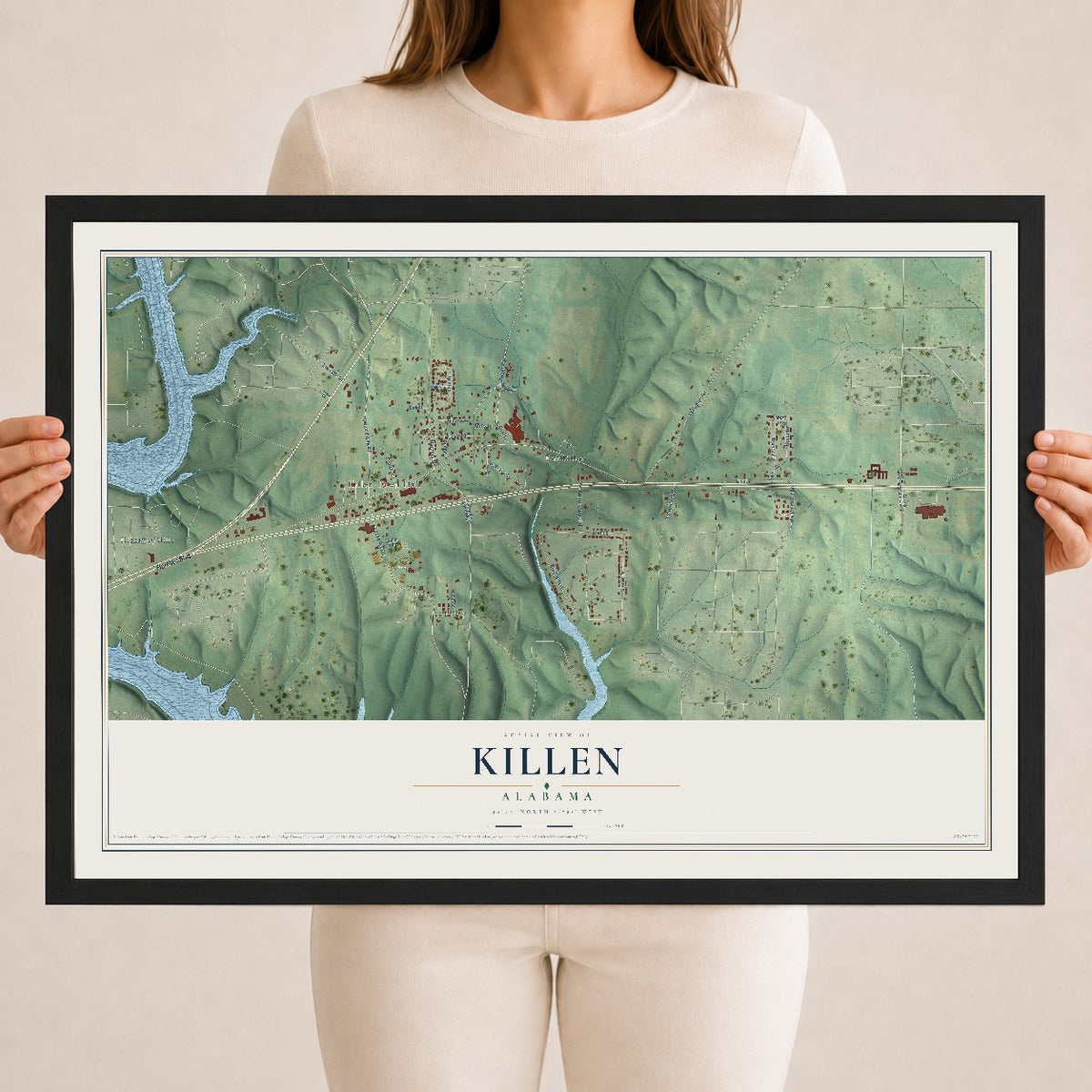 Map of Killen, Alabama, 18 x 24 inch print in a black wood frame