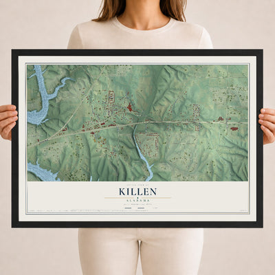Map of Killen, Alabama, 18 x 24 inch print in a black wood frame