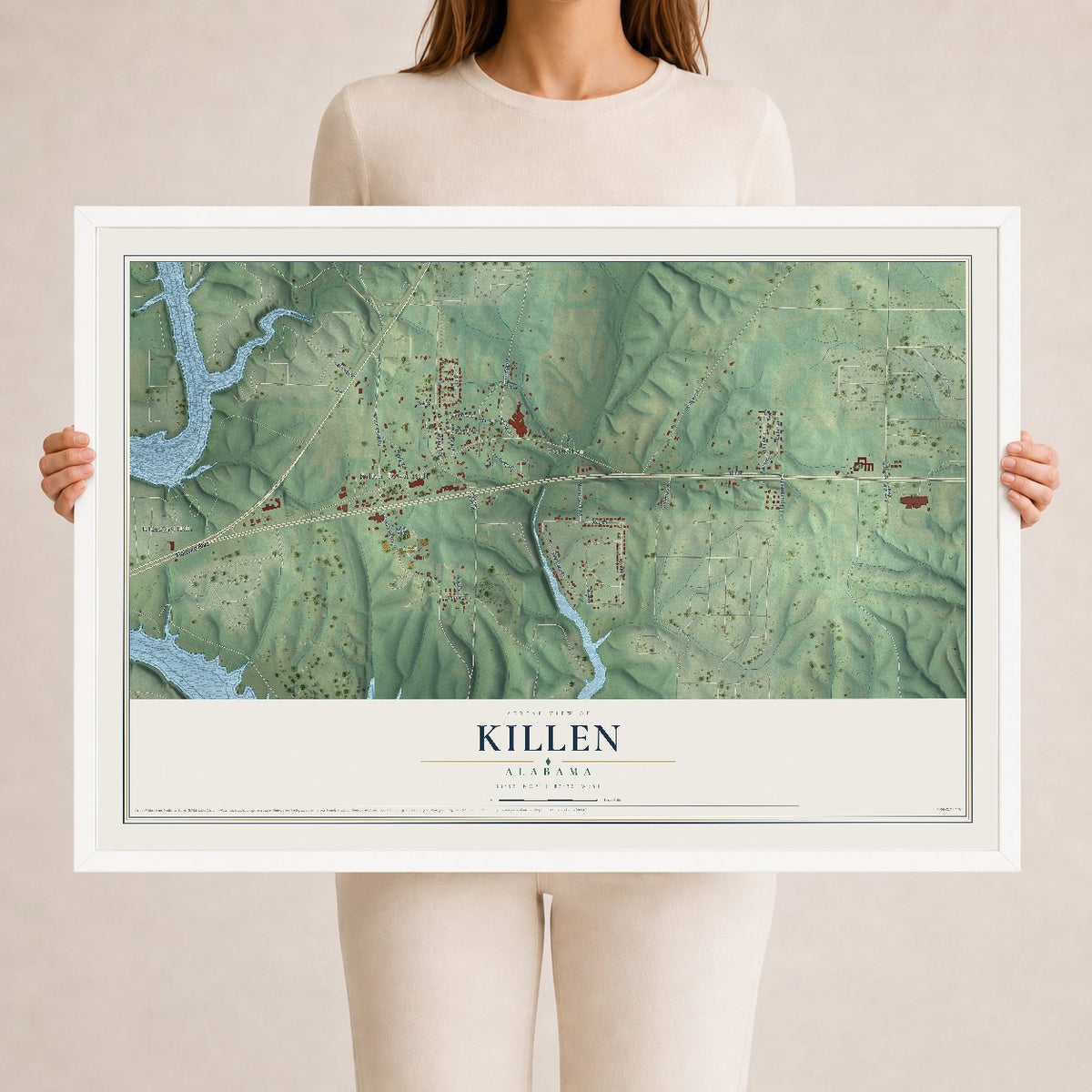 Map of Killen, Alabama, 24 x 36 inch print in a white wood frame