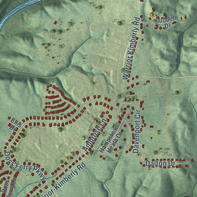 Close-up of the map of Kimberly, Alabama print showing street and building detail