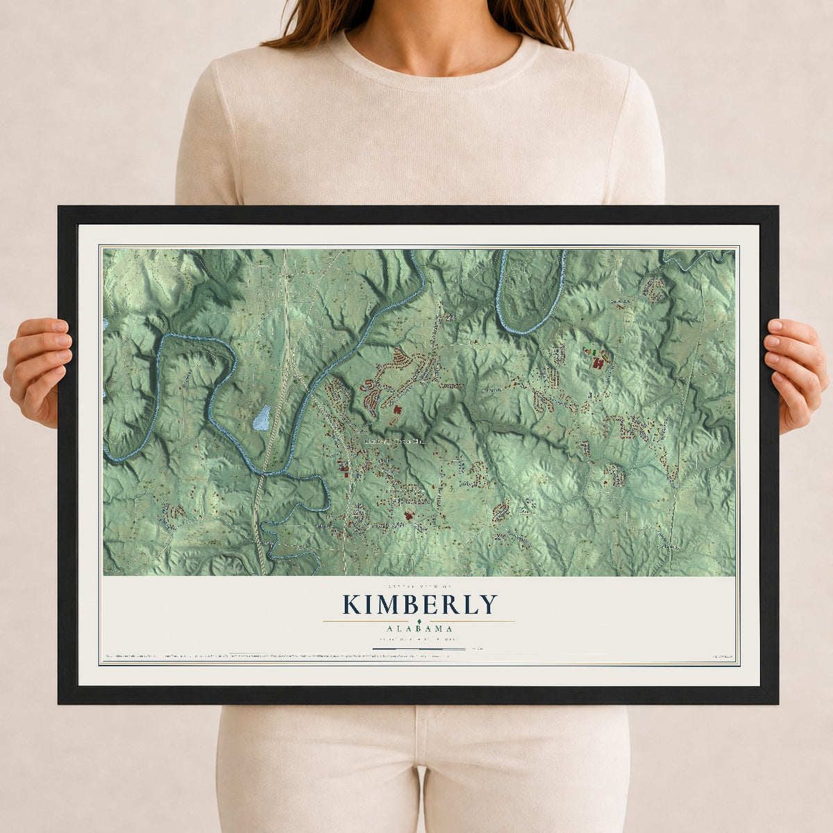 Map of Kimberly, Alabama, 12 x 18 inch print in a black wood frame