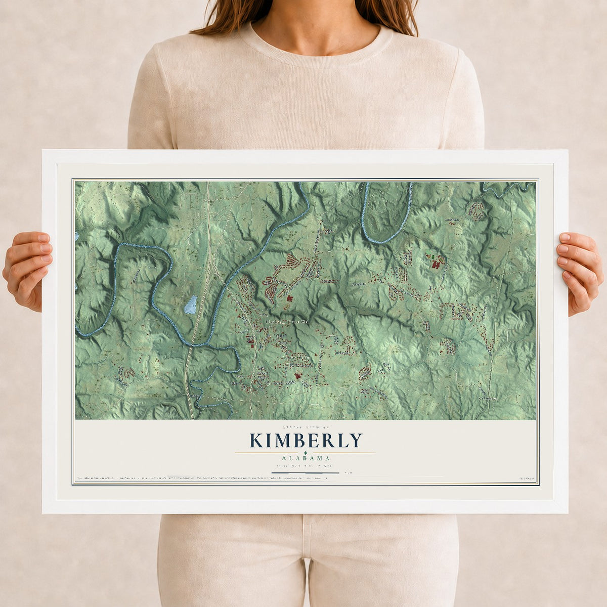 Map of Kimberly, Alabama, 12 x 18 inch print in a white wood frame