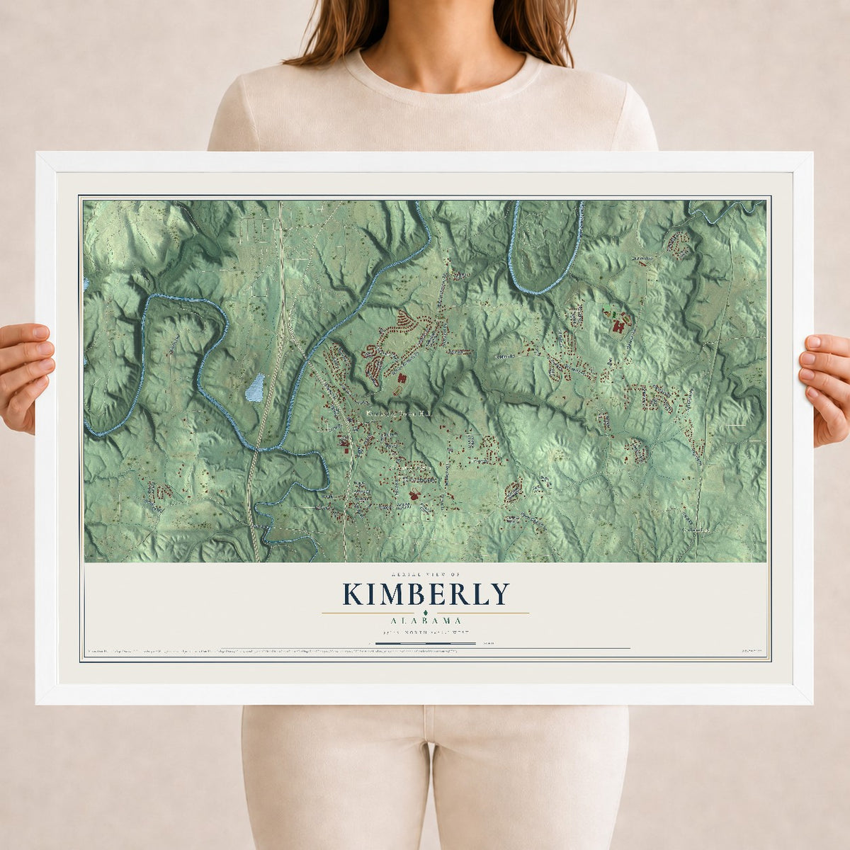 Map of Kimberly, Alabama, 18 x 24 inch print in a white wood frame