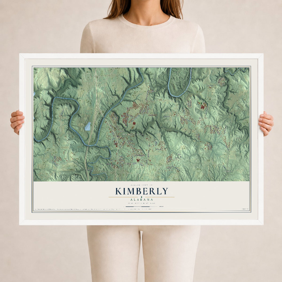 Map of Kimberly, Alabama, 24 x 36 inch print in a white wood frame