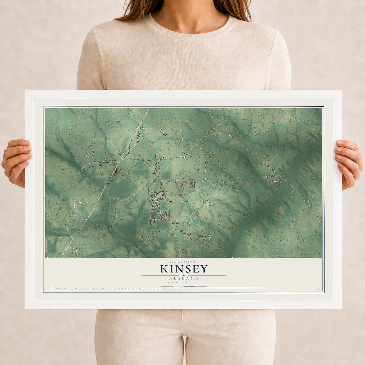 Map of Kinsey, Alabama, 12 x 18 inch print in a white wood frame