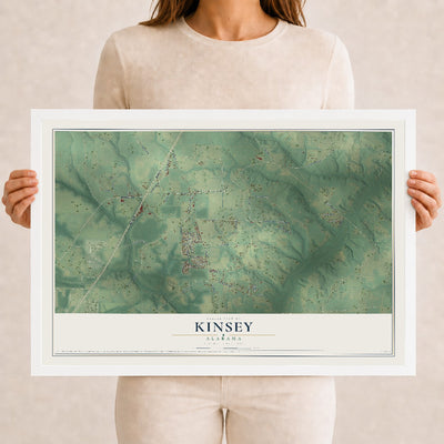 Map of Kinsey, Alabama, 12 x 18 inch print in a white wood frame