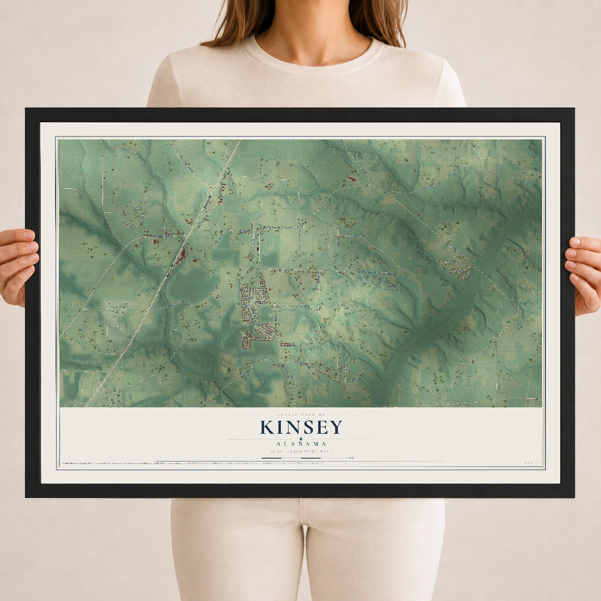 Map of Kinsey, Alabama, 18 x 24 inch print in a black wood frame