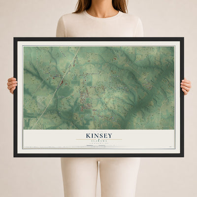 Map of Kinsey, Alabama, 24 x 36 inch print in a black wood frame