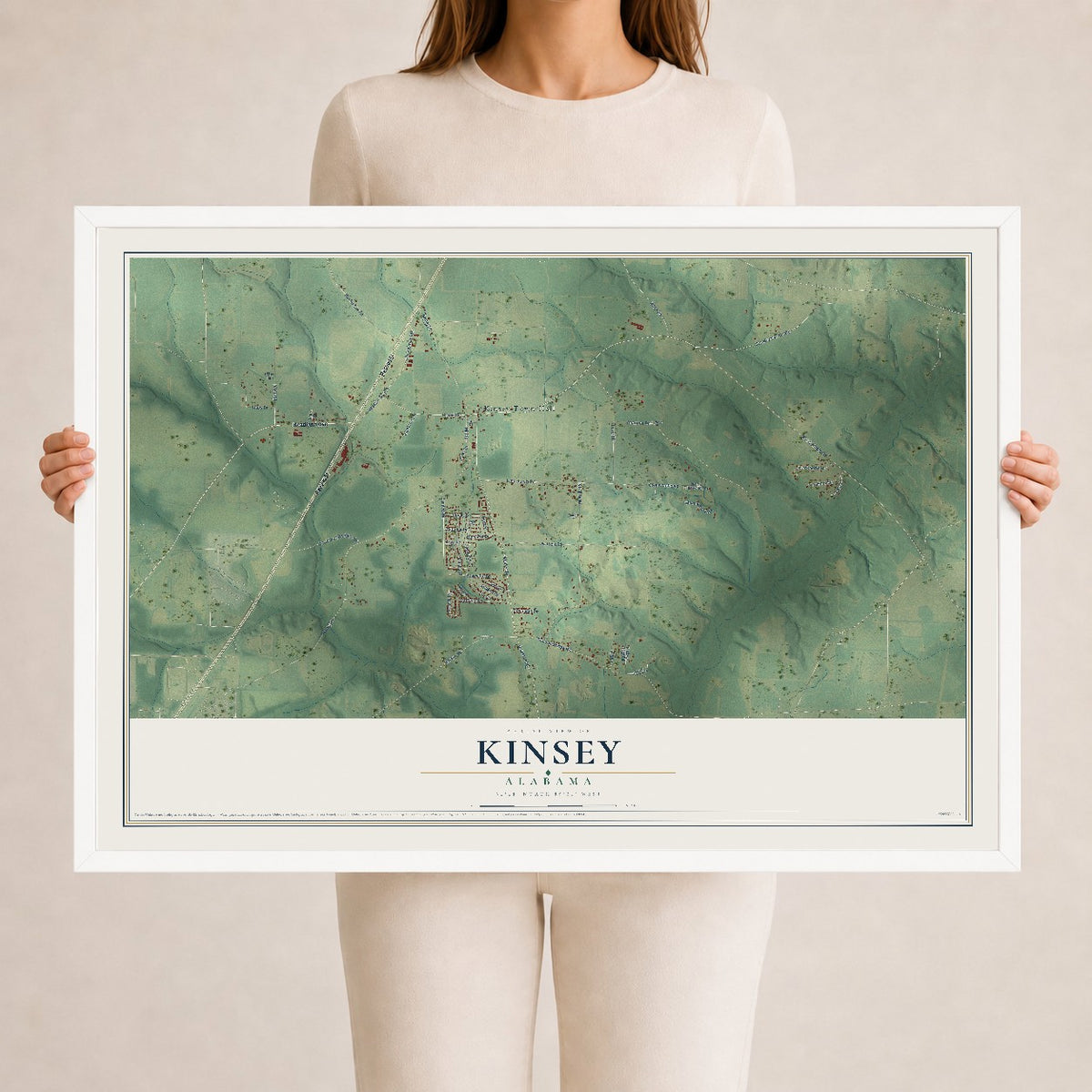 Map of Kinsey, Alabama, 24 x 36 inch print in a white wood frame