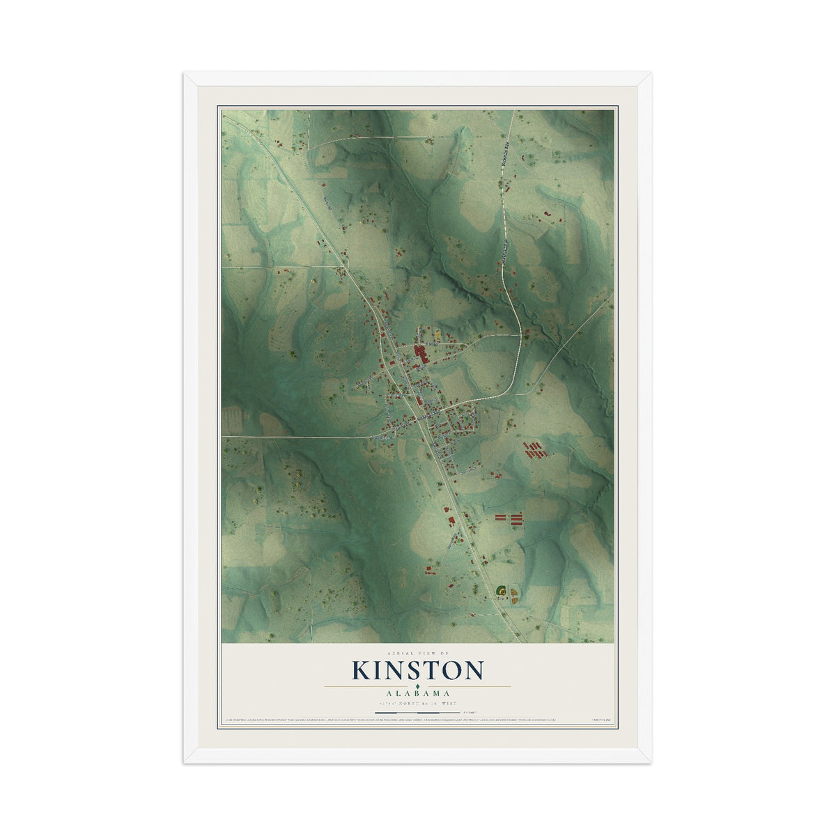 Map of Kinston, Alabama, 12 x 18 inch print in a white wood frame
