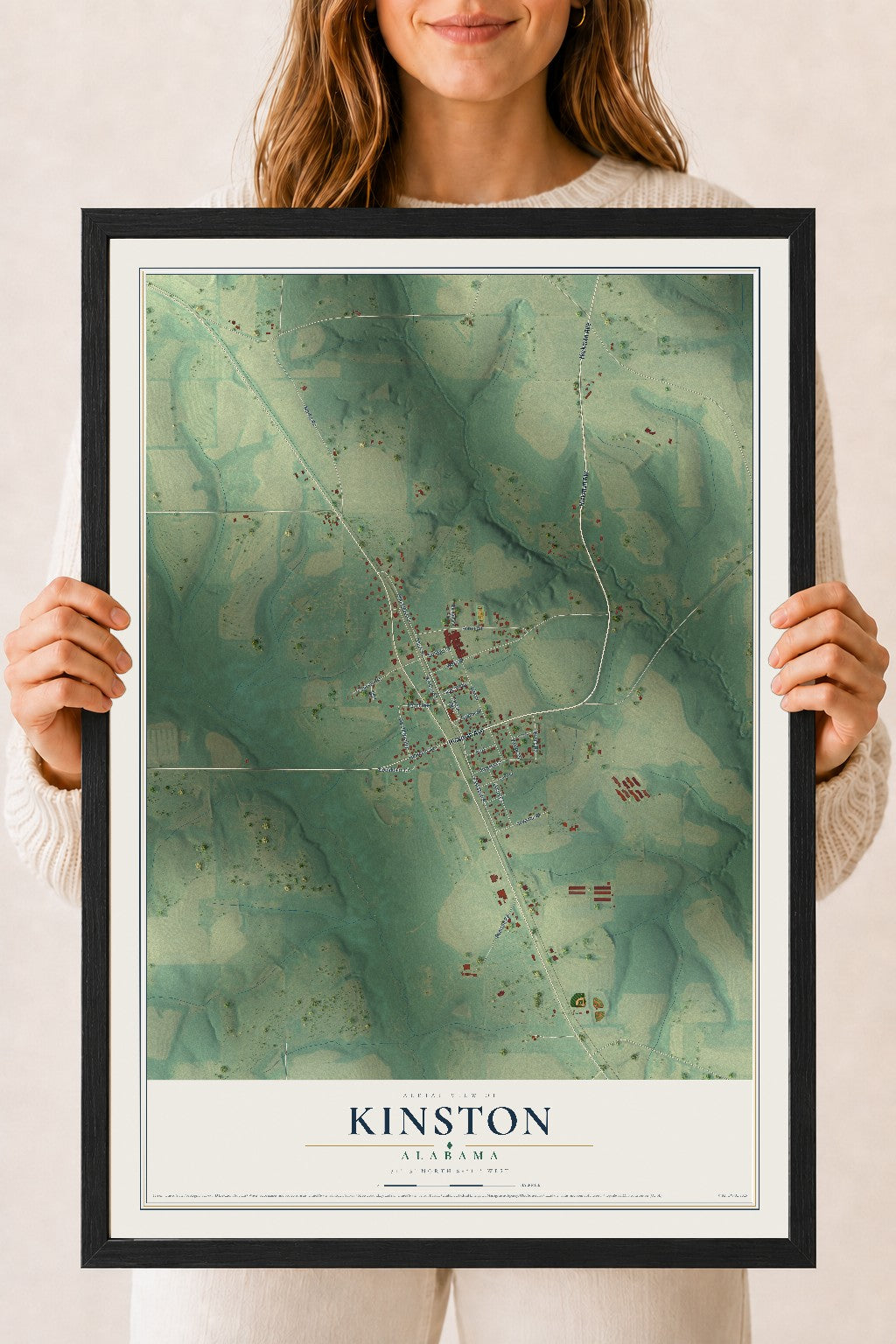 Map of Kinston, Alabama, 18 x 24 inch print in a black wood frame