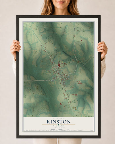 Map of Kinston, Alabama, 24 x 36 inch print in a black wood frame