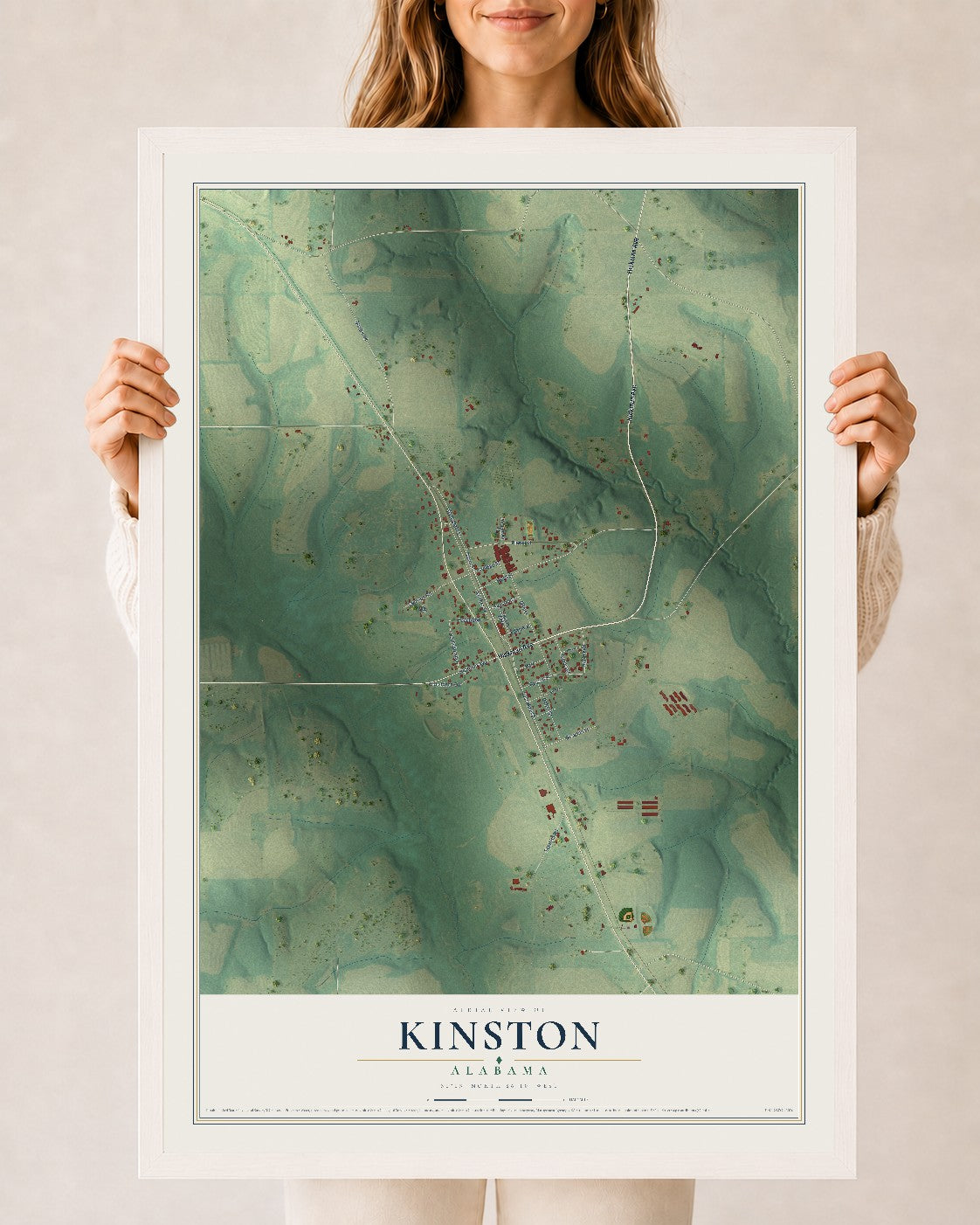 Map of Kinston, Alabama, 24 x 36 inch print in a white wood frame
