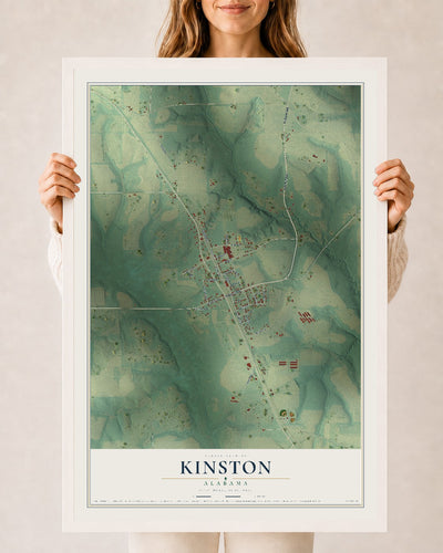 Map of Kinston, Alabama, 24 x 36 inch print in a white wood frame