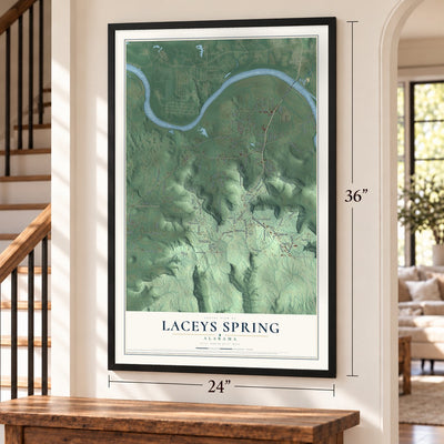 Laceys Spring, Alabama map, 24 x 36 inch print in a black frame by a staircase