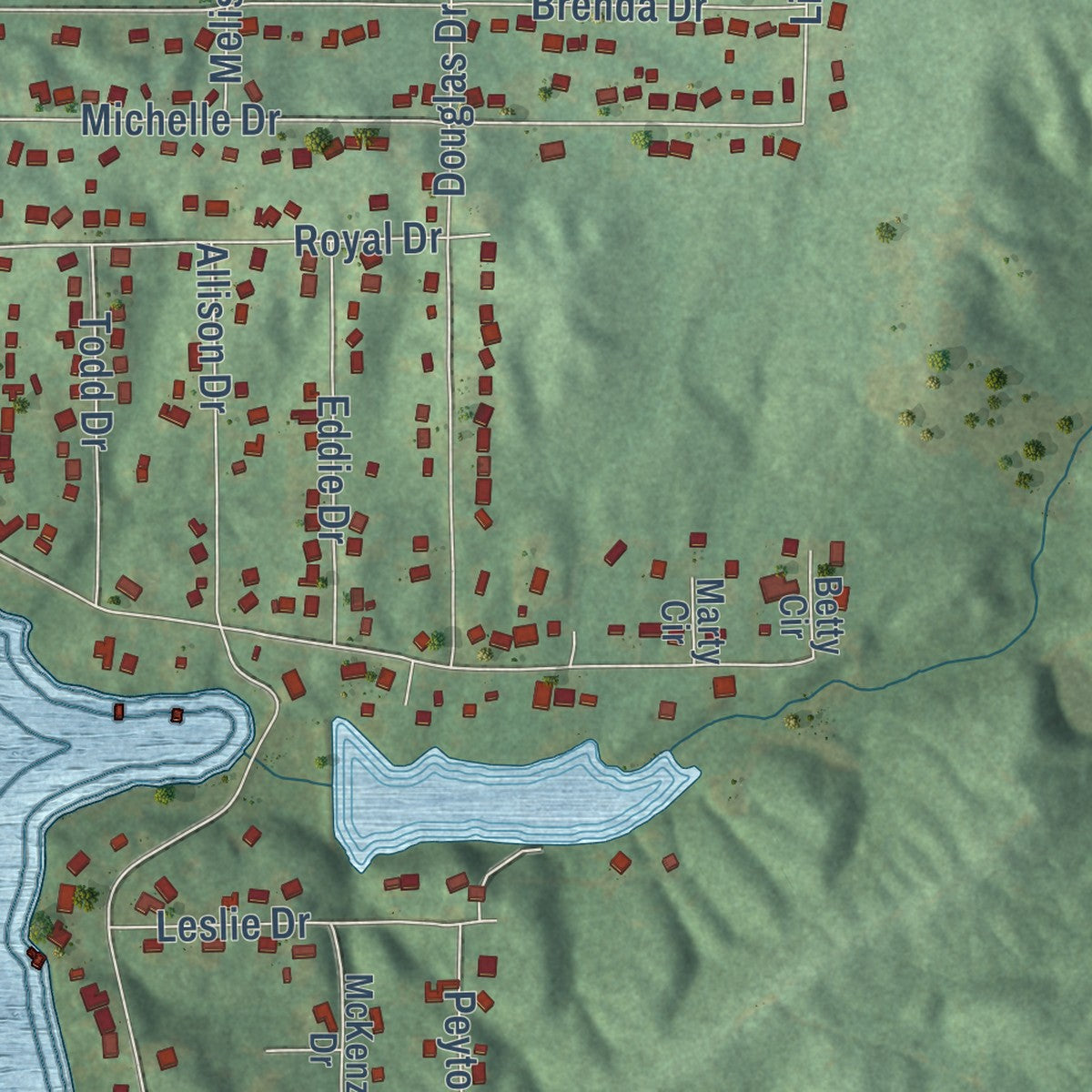 Close-up of the map of Lake View, Alabama print showing street and building detail