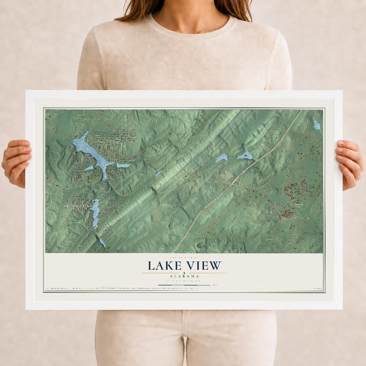 Map of Lake View, Alabama, 12 x 18 inch print in a white wood frame