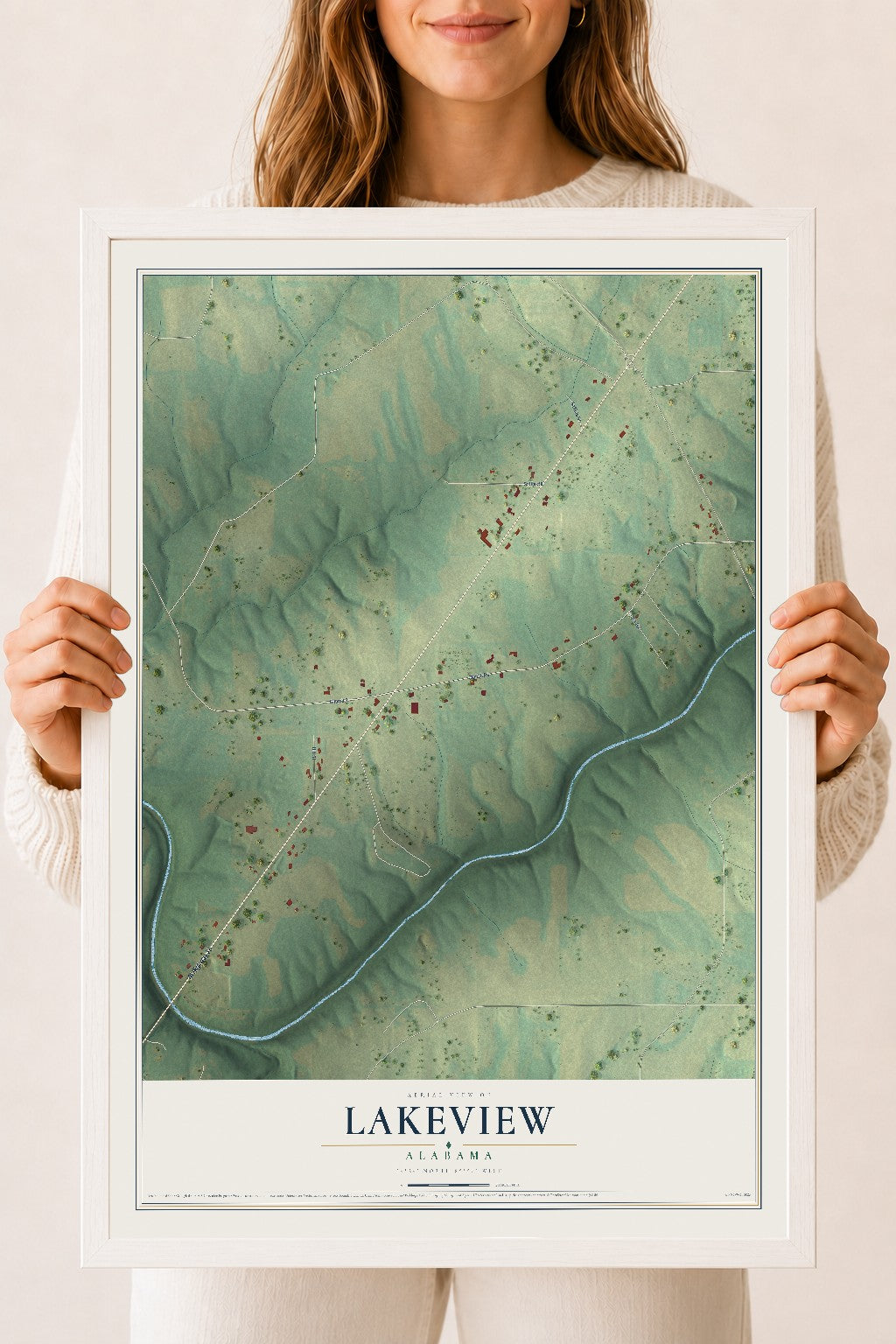 Map of Lakeview, Alabama, 18 x 24 inch print in a white wood frame
