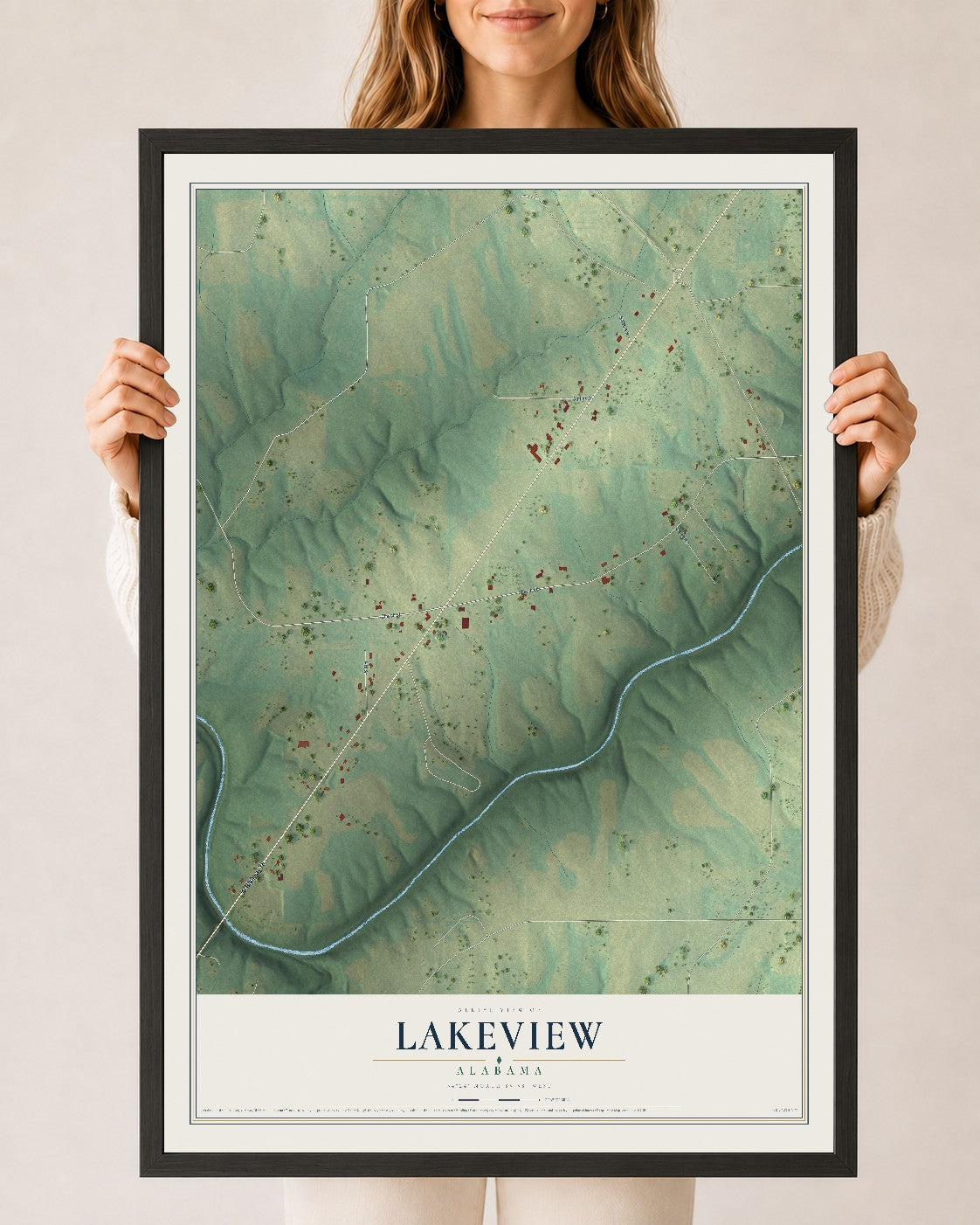 Map of Lakeview, Alabama, 24 x 36 inch print in a black wood frame