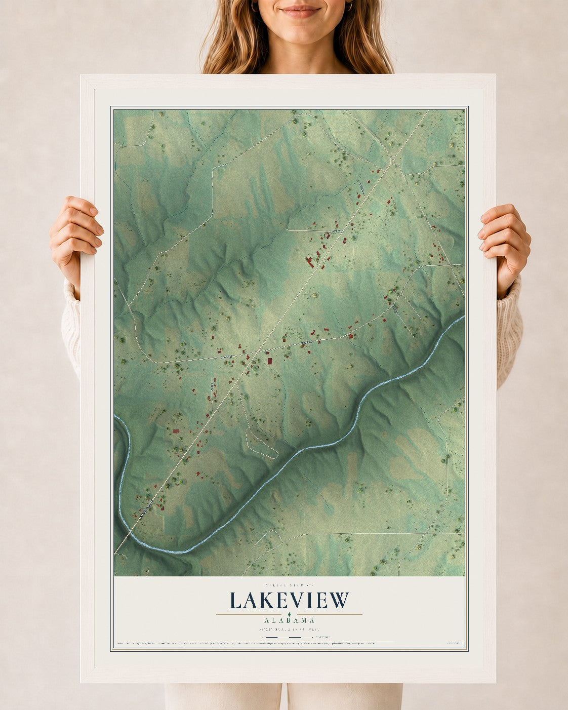 Map of Lakeview, Alabama, 24 x 36 inch print in a white wood frame