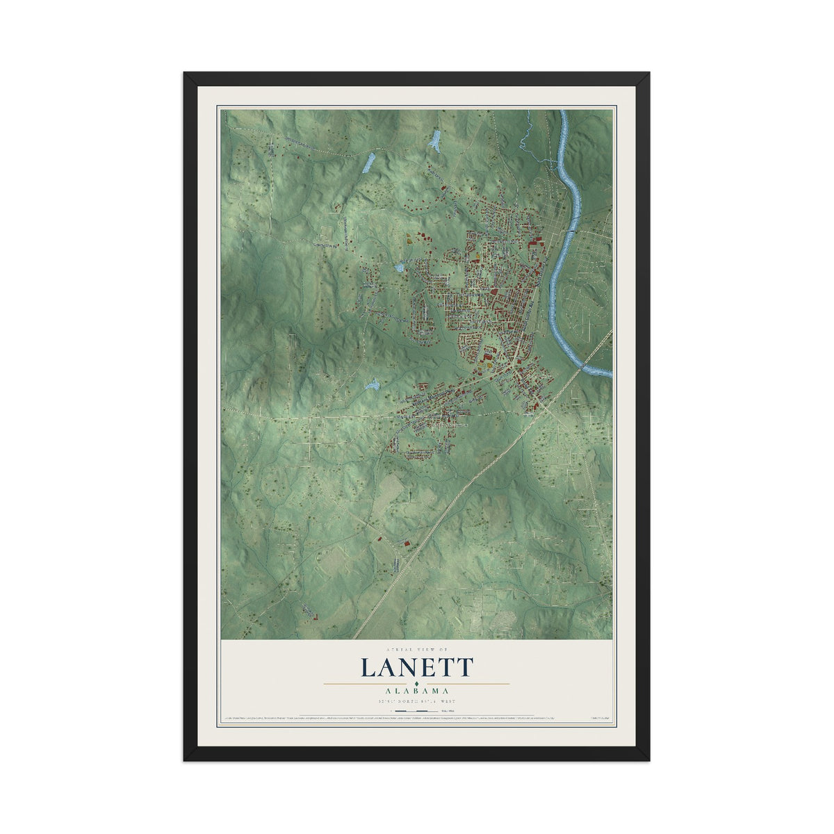 Map of Lanett, Alabama, 12 x 18 inch print in a black wood frame