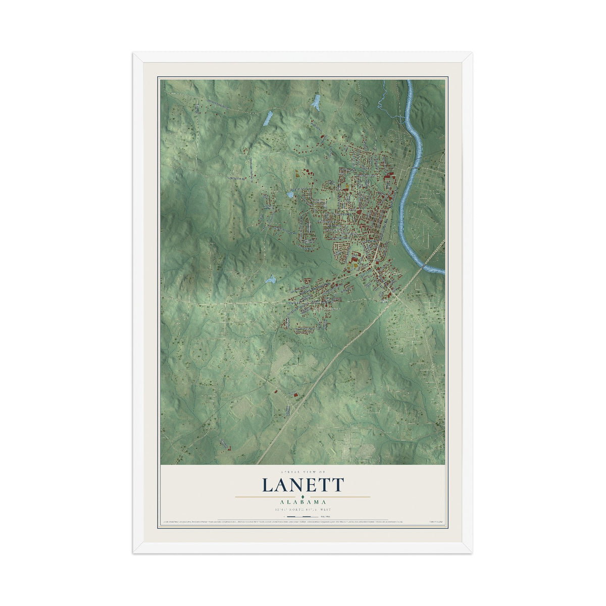 Map of Lanett, Alabama, 12 x 18 inch print in a white wood frame