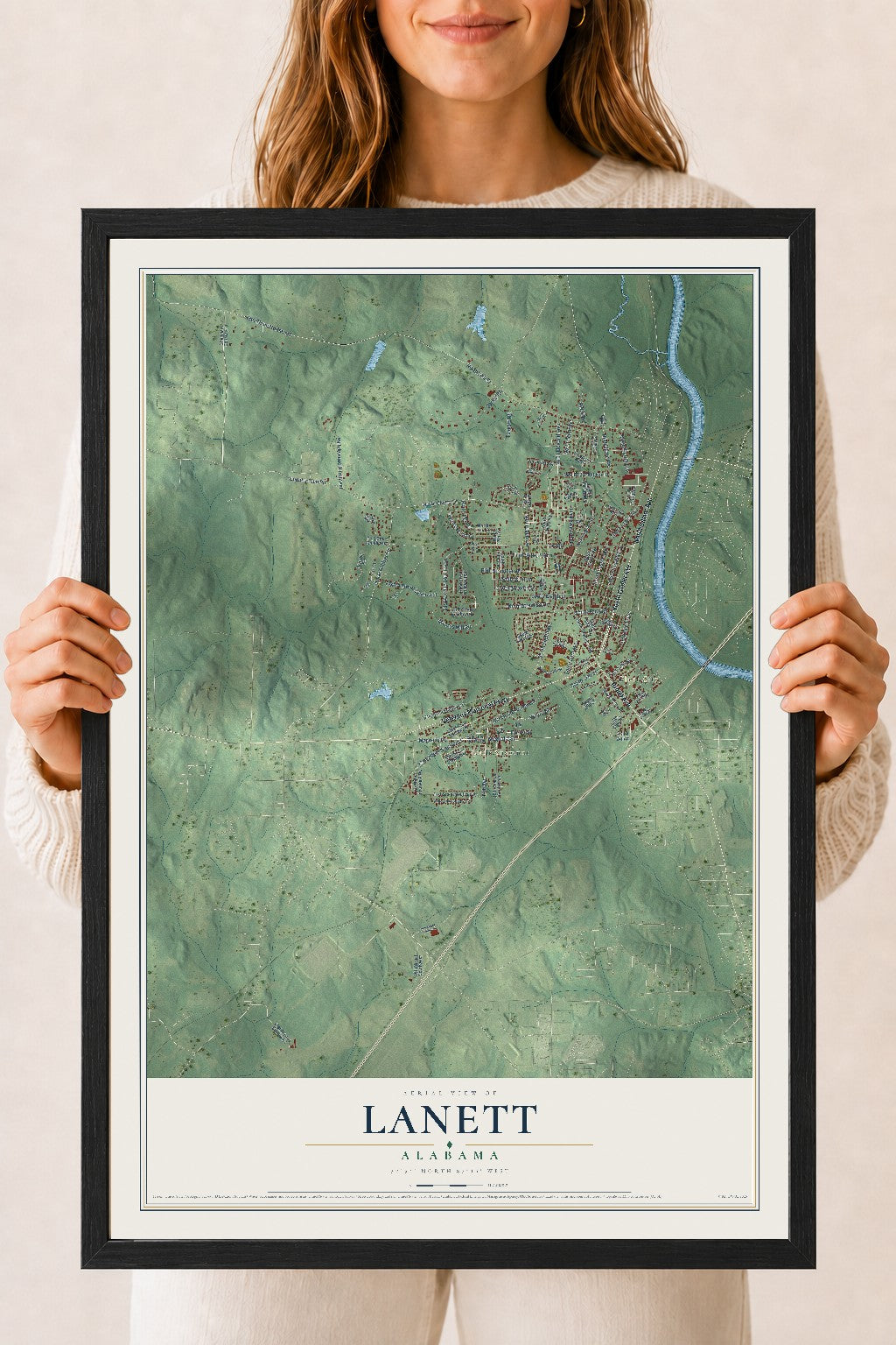 Map of Lanett, Alabama, 18 x 24 inch print in a black wood frame