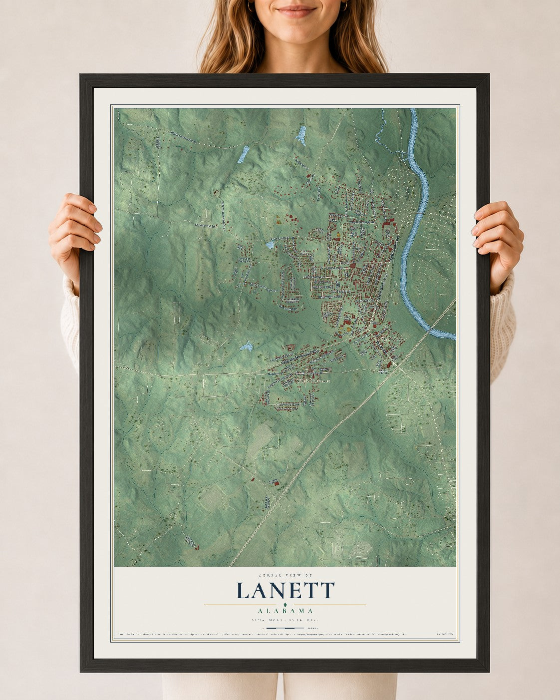 Map of Lanett, Alabama, 24 x 36 inch print in a black wood frame