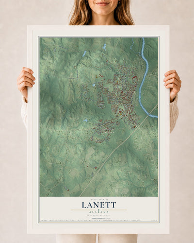 Map of Lanett, Alabama, 24 x 36 inch print in a white wood frame