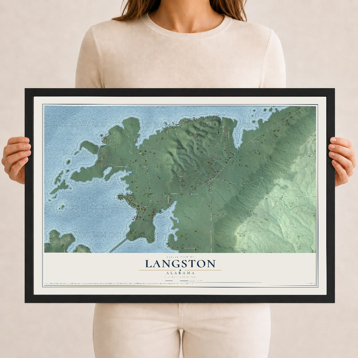 Map of Langston, Alabama, 12 x 18 inch print in a black wood frame