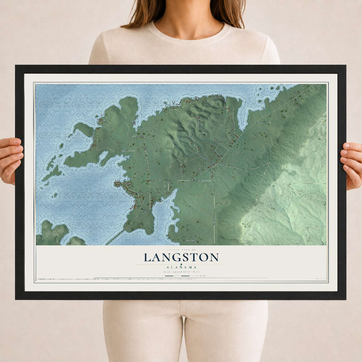 Map of Langston, Alabama, 18 x 24 inch print in a black wood frame