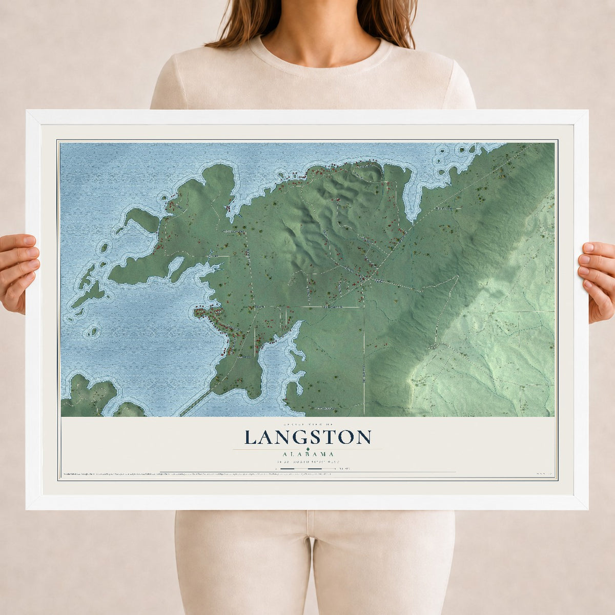 Map of Langston, Alabama, 18 x 24 inch print in a white wood frame