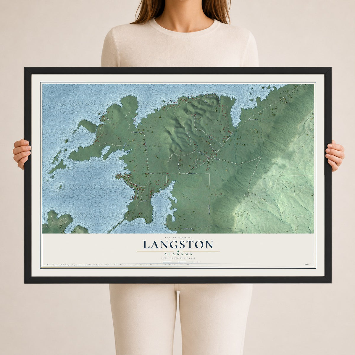 Map of Langston, Alabama, 24 x 36 inch print in a black wood frame