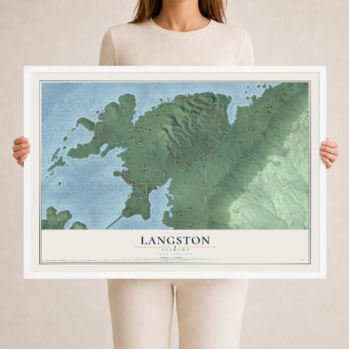 Map of Langston, Alabama, 24 x 36 inch print in a white wood frame