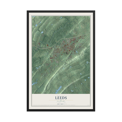 Map of Leeds, Alabama, 12 x 18 inch print in a black wood frame