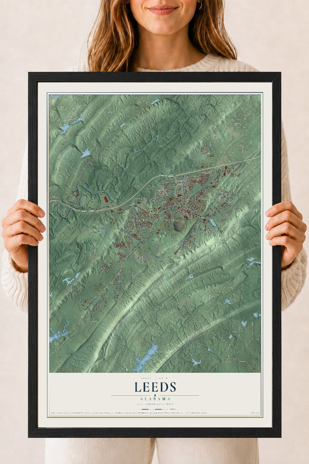 Map of Leeds, Alabama, 18 x 24 inch print in a black wood frame