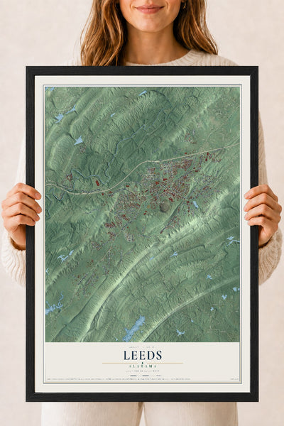 Map of Leeds, Alabama, 18 x 24 inch print in a black wood frame