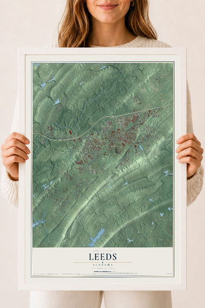 Map of Leeds, Alabama, 18 x 24 inch print in a white wood frame